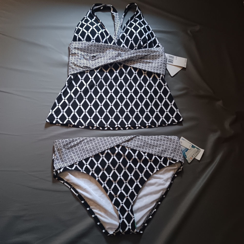 CAPTIVA NWT Tankini 2Pc Black and White Bikini Swimsuit Set Large
